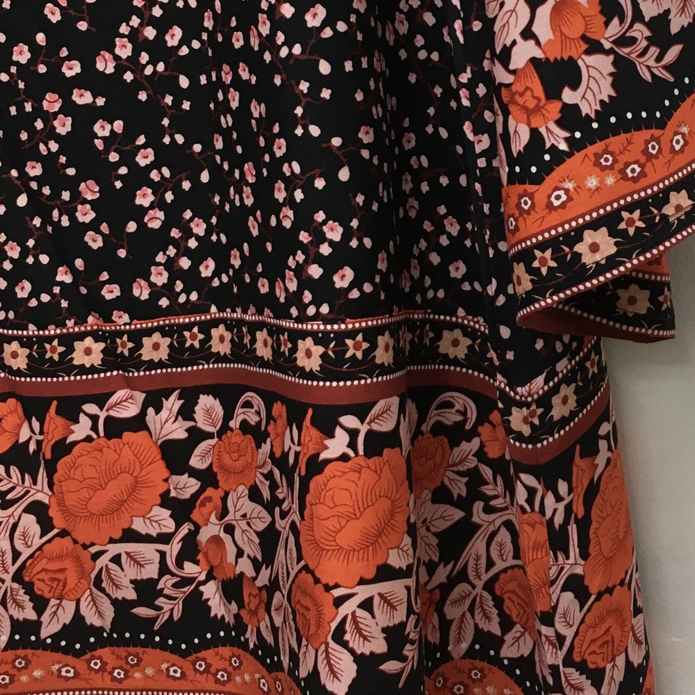 Floral Bell Sleeve Mini DRESS Dahlia Brown Kaftan - Picture 6 of 6